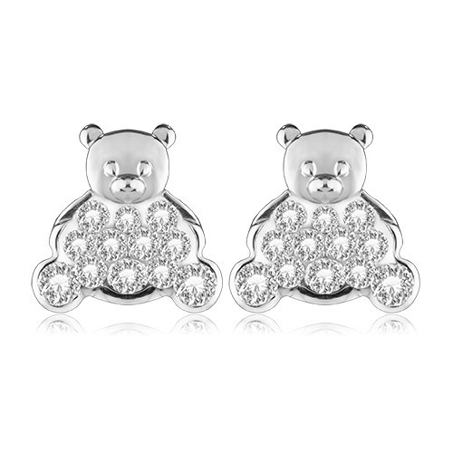 Puzetové náušnice z bieleho zlata 585 - medvedík so zirkónovým telom