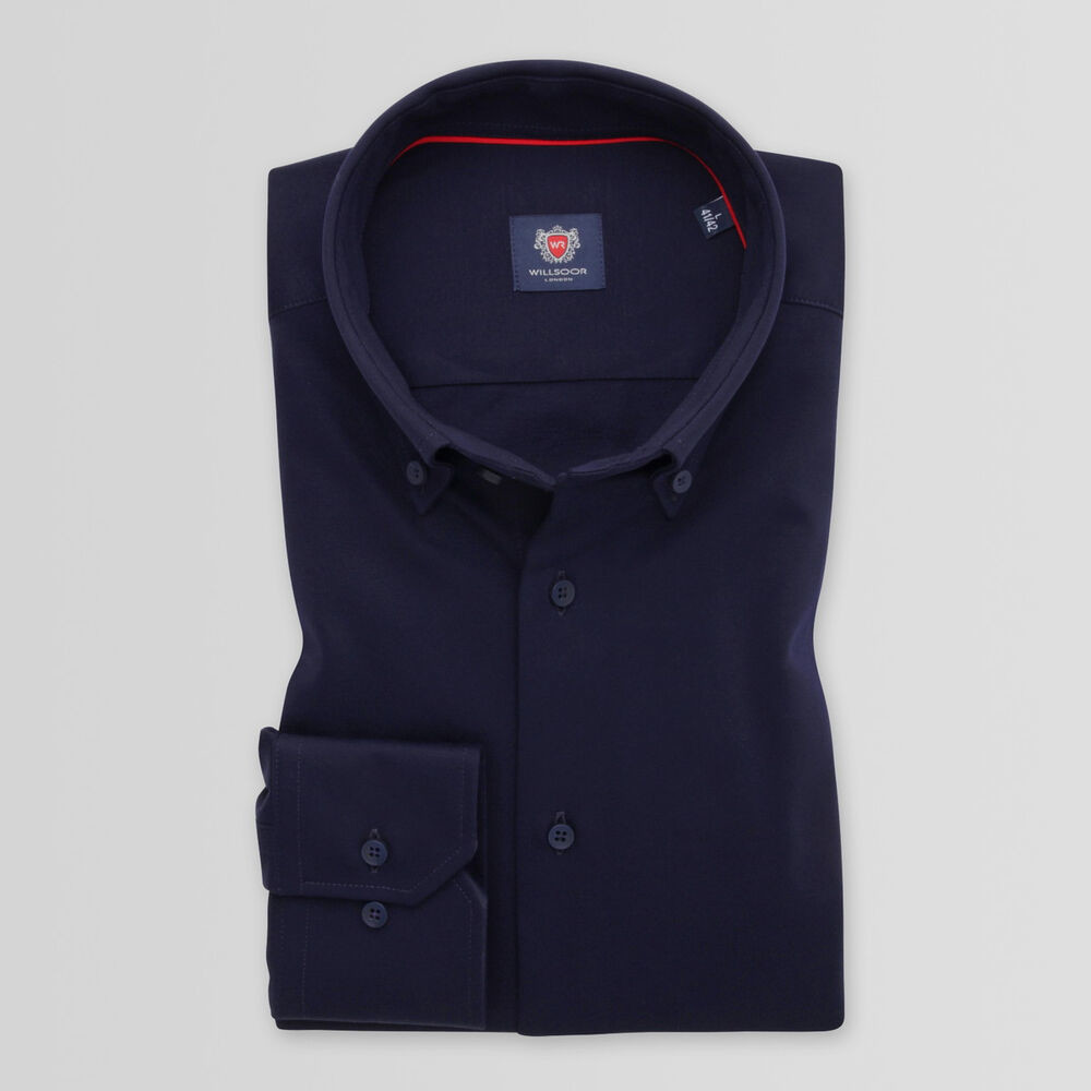 Pánska slim fit košeľa v tmavomodrej farbe s hladkým vzorom 15068