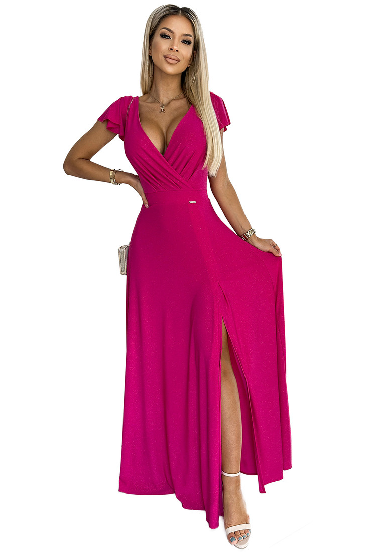 Women's glittery long dress with CRYSTAL neckline - fuchsia
