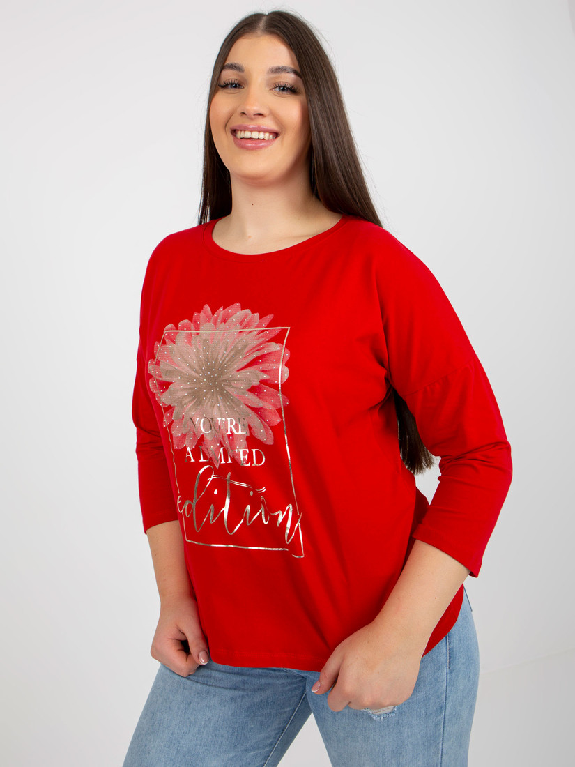 Red plus size blouse with inscription and application