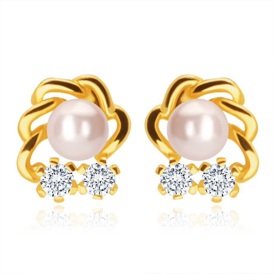 Náušnice v žltom zlate 585 - biela perla, dva číre zirkóniky, zvlnená kontúra obláčika