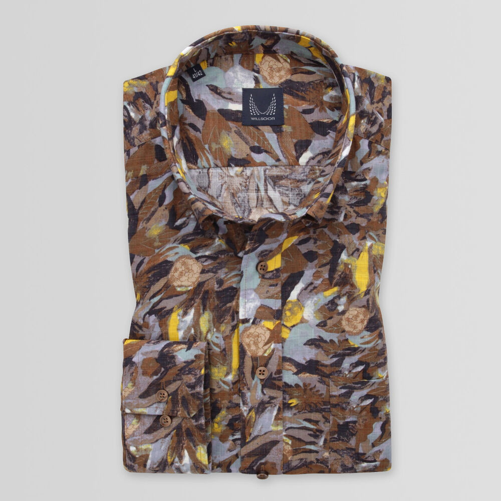 Pánska slim fit košeľa hnedej farby s kvetinovým vzorom 15092