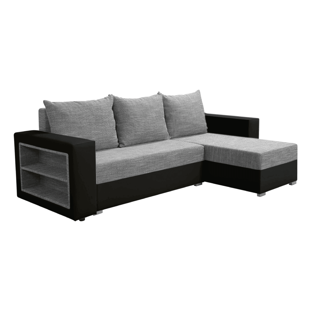 Rozkládací sedací souprava s poličkou, černá/šedý melír, pravá, MERAK ROH