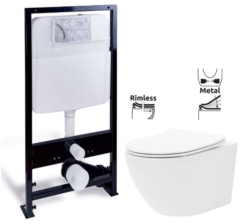 PRIM - predstenový inštalačný systém bez tlačidla+ WC REA Carlo Flat Mini Rimlesss + SEDADLO PRIM_20/0026 X CF1