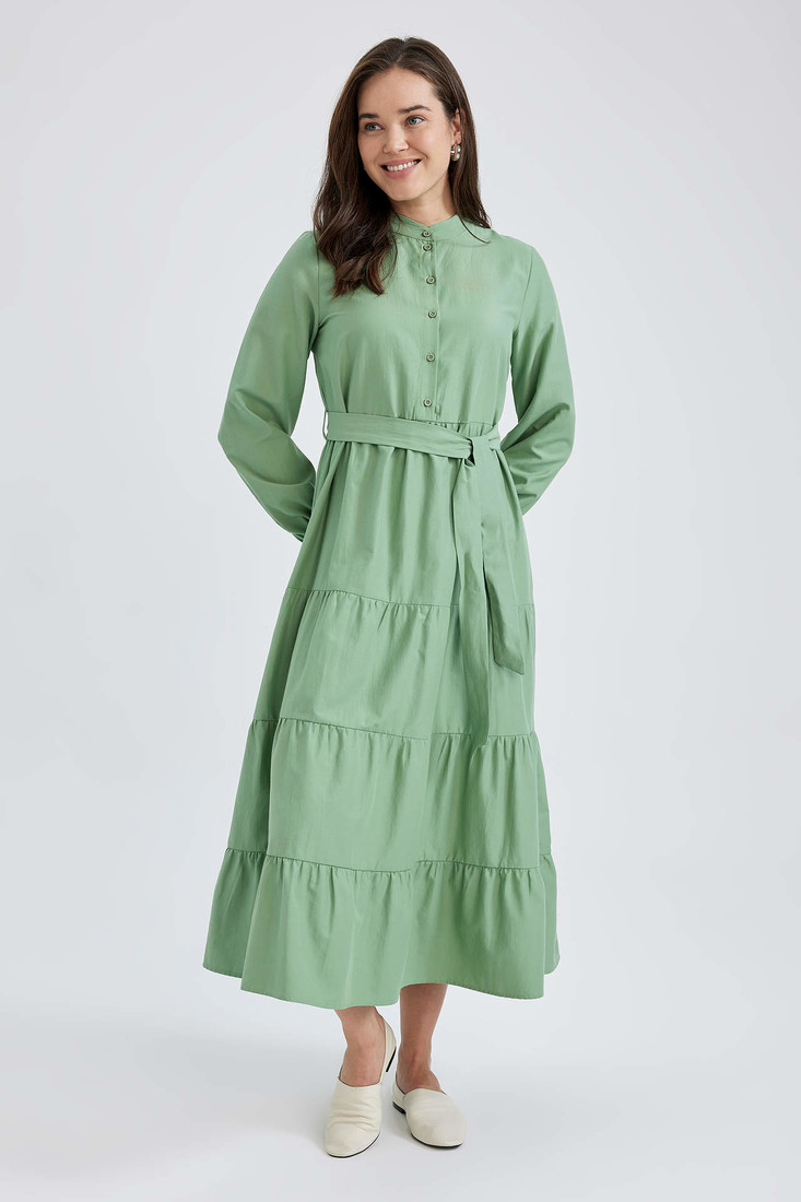 DEFACTO Crew Neck Basic Belted Long Sleeve Poplin Maxi Dress