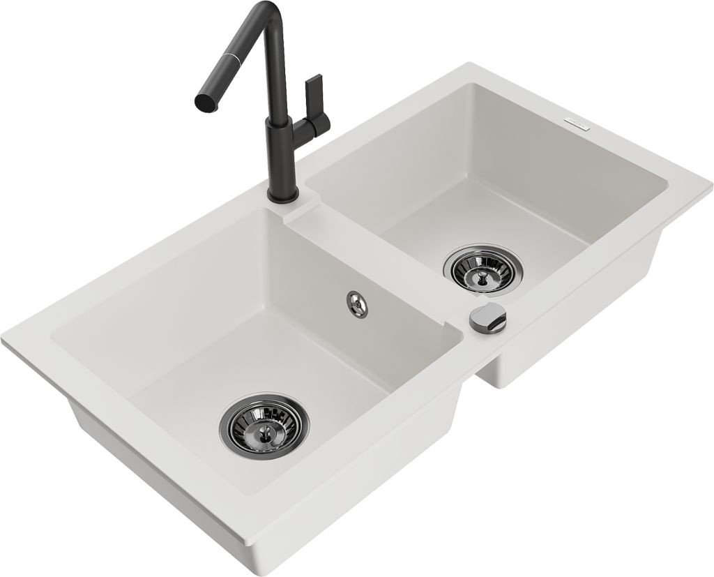 MEXEN/S MEXEN/S - Mario granitový drez 2-bowl vrátane batérie Flora, biela 6504-20-670401-70-B