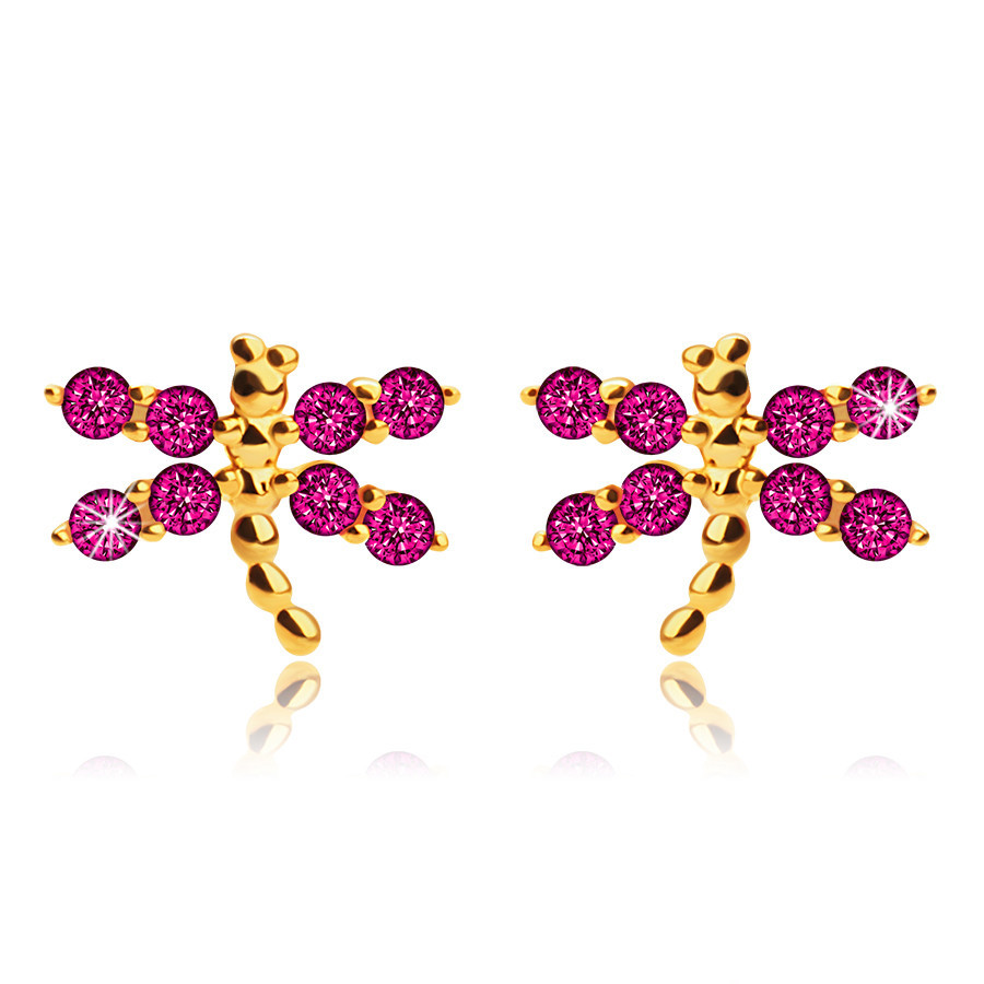 Puzetové náušnice z 9K žltého zlata, vážky, tmavoružové zirkóny