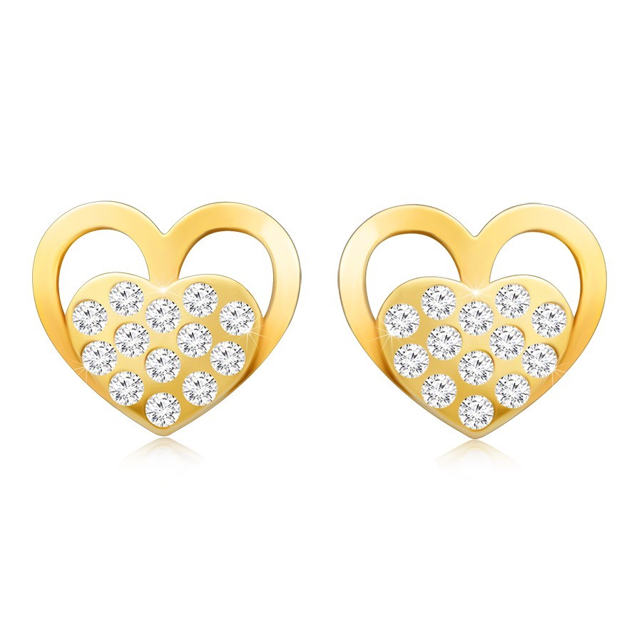 Puzetové náušnice v zlate 585 - dvojité srdce, číre zirkóny