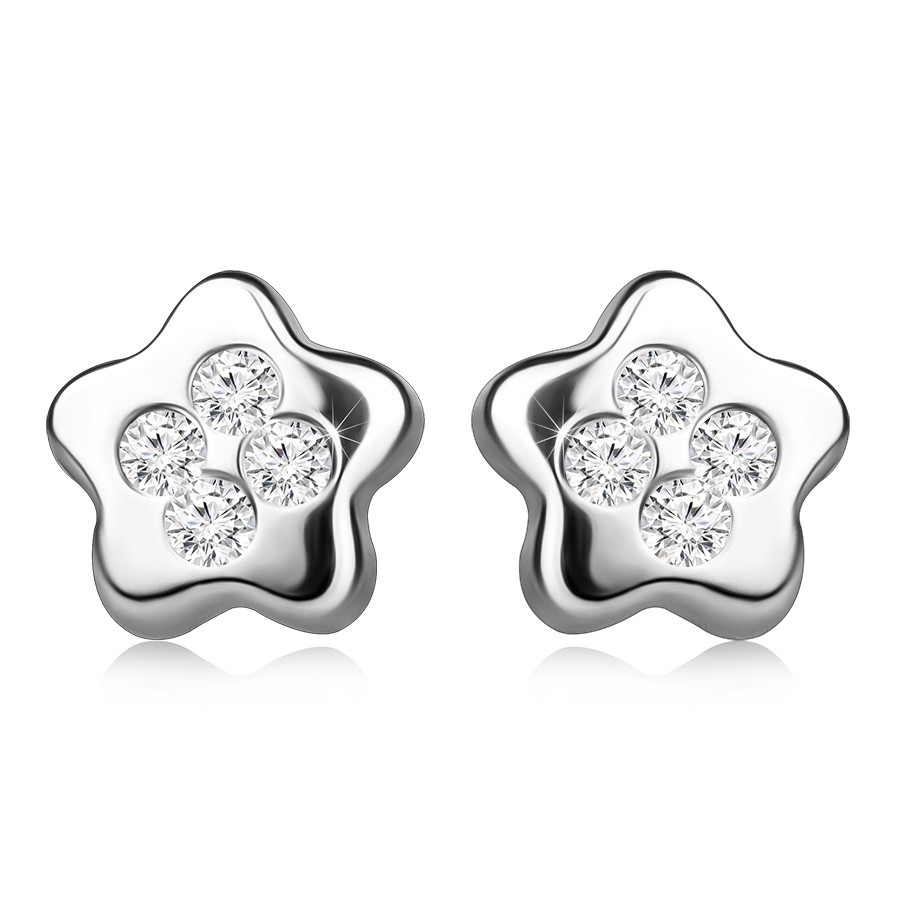 Puzetové náušnice v bielom zlate 585 - kvietok ozdobený zirkónmi