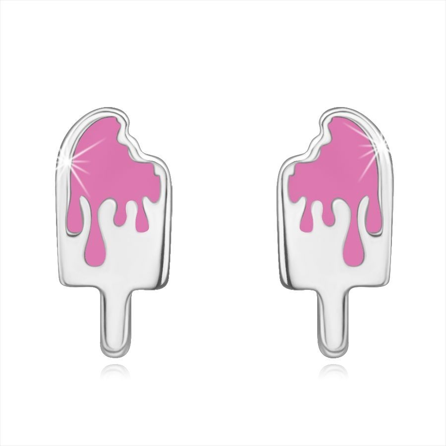 Strieborné náušnice 925 - odhryznutý nanuk, stekajúca poleva, ružová farba, puzetky