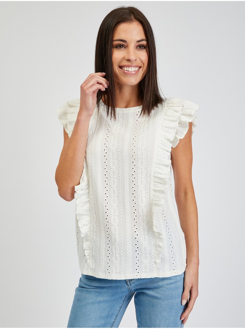 Orsay White Women's T-shirt with Ruffles - Women
