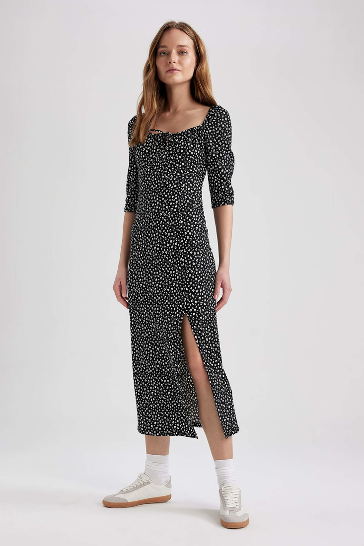 DEFACTO Regular Fit Heart Neck Patterned Slit Short Sleeve Midi Dress