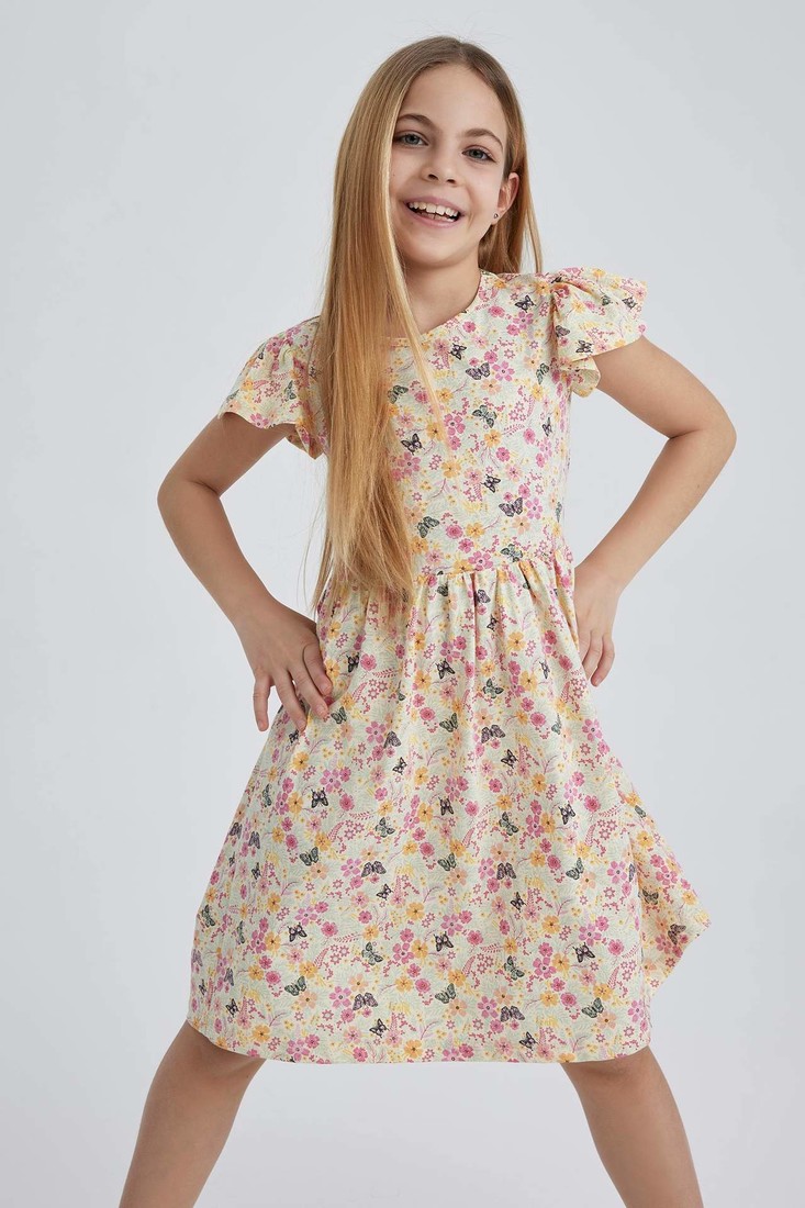 DEFACTO Girl Patterned Short Sleeve Combed Cotton Dress