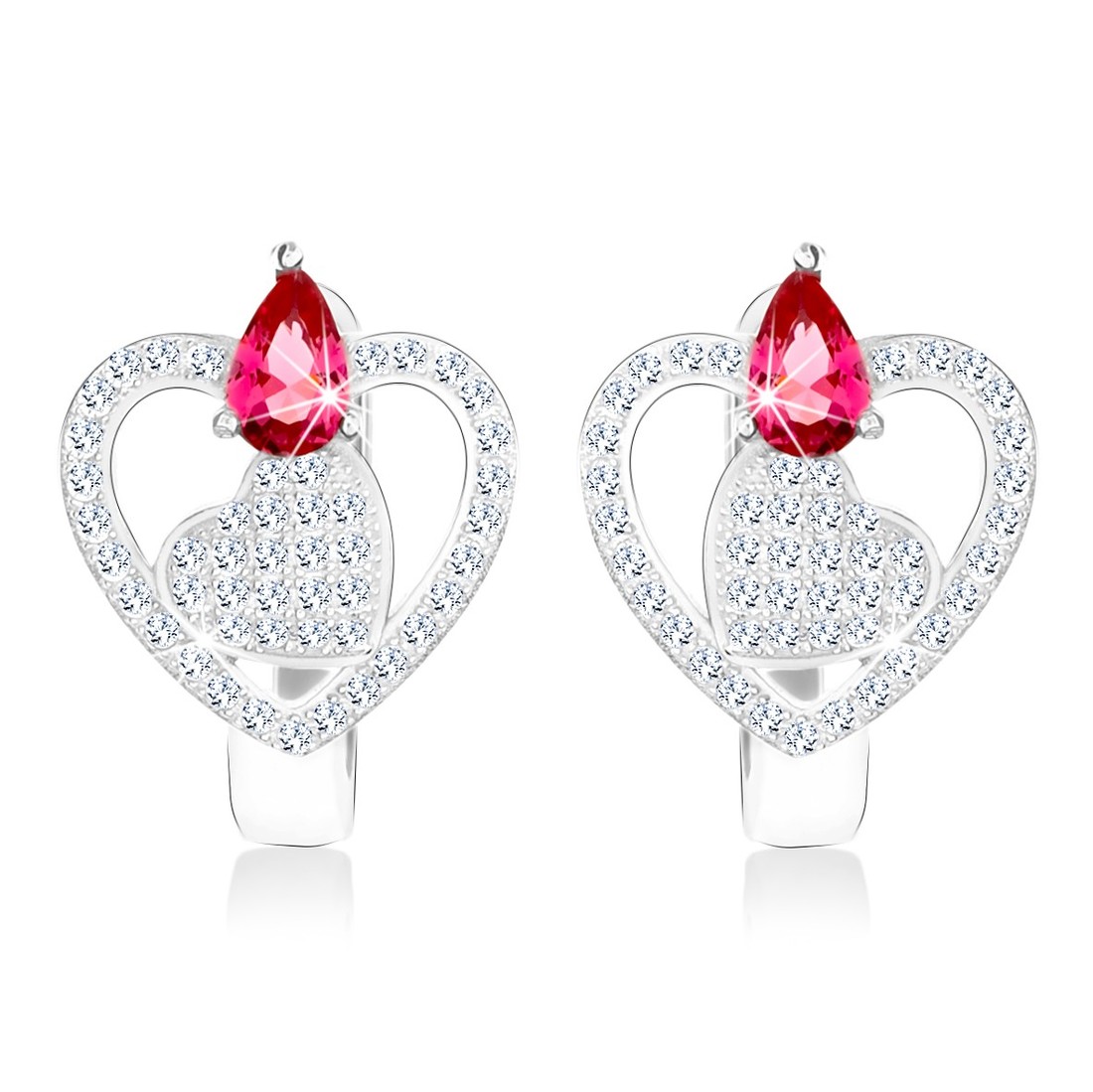 Náušnice zo striebra 925, obrys srdca a plné srdiečko, číre zirkóny, ružovo-červená kvapka