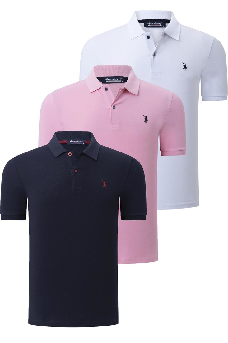 TRIPLE SET T8561 DEWBERRY MENS T-SHIRT-NAVY BLUE-WHITE-PINK