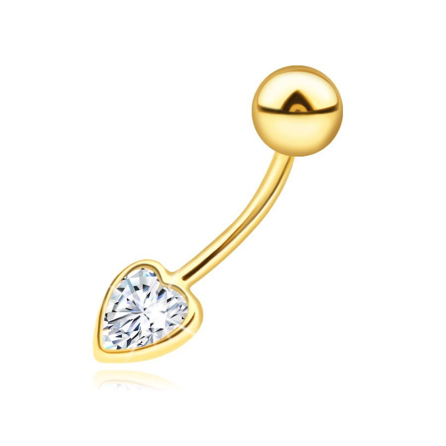 Zlatý 14K piercing do pupka - srdce, číry zirkón s hladkou obrubou