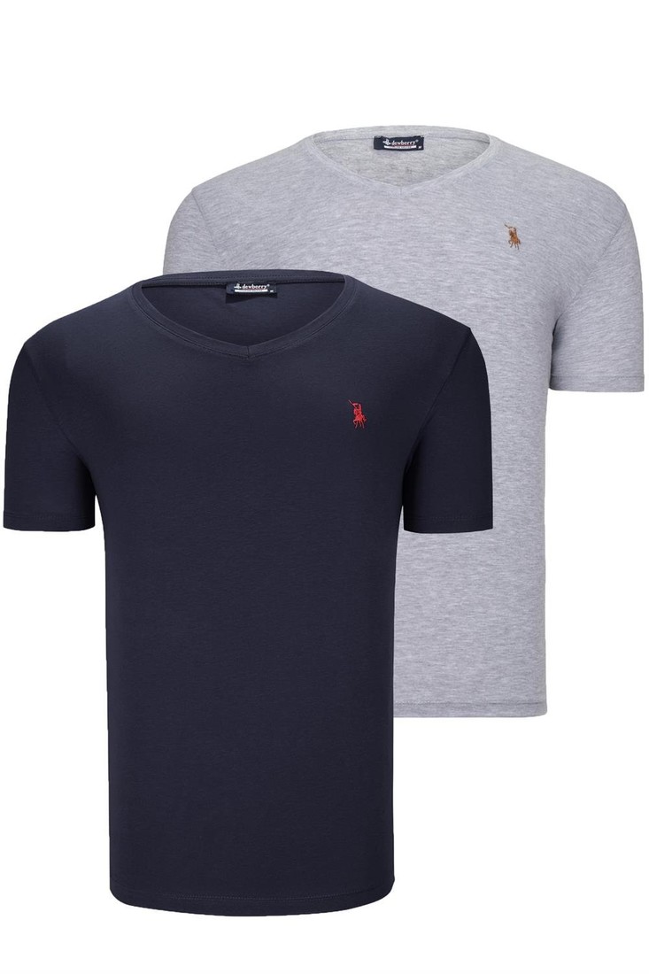 DUAL SET T8568 DEWBERRY V-NECK MENS T-SHIRT-NAVY BLUE - GREY
