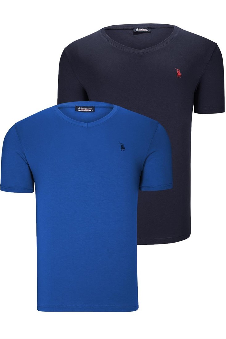 DUAL SET T8568 DEWBERRY V-NECK MENS T-SHIRT-NAVY BLUE-SSA