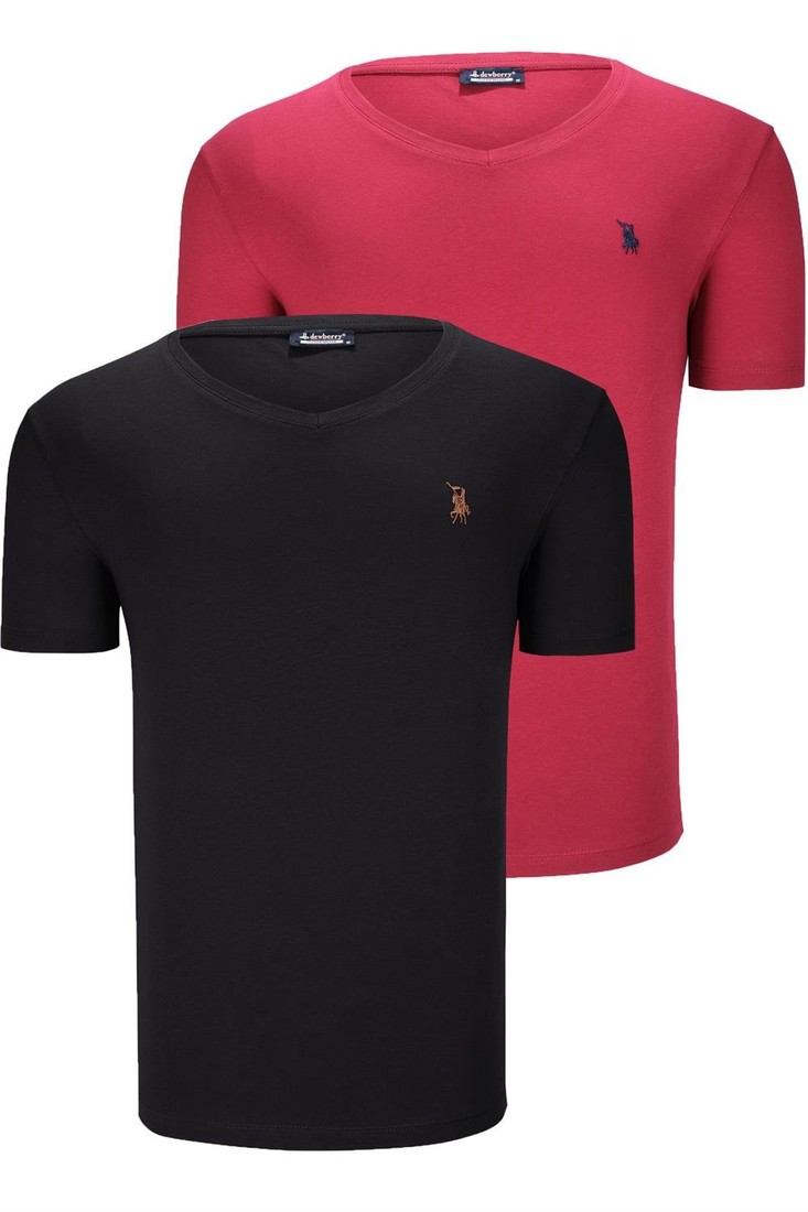 DUAL SET T8568 DEWBERRY V-NECK MENS T-SHIRT-BLACK-BURGUNDY