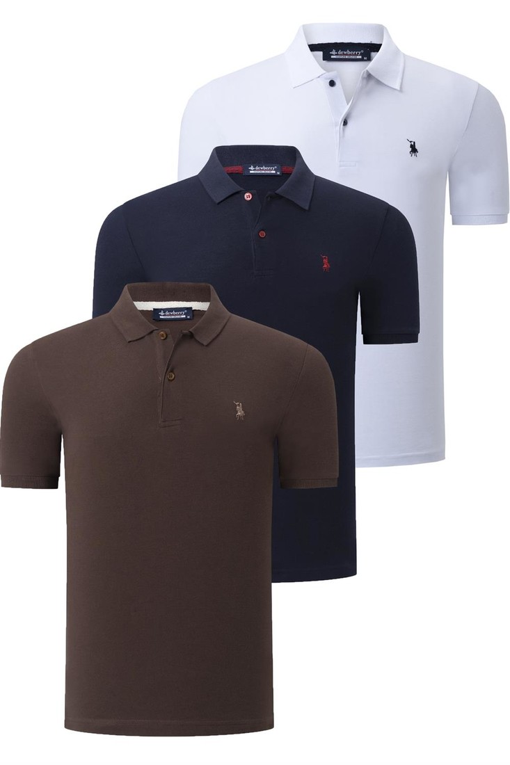 TRIPLE SET T8561 DEWBERRY MENS T-SHIRT-NAVY BLUE-WHITE-COFFEE