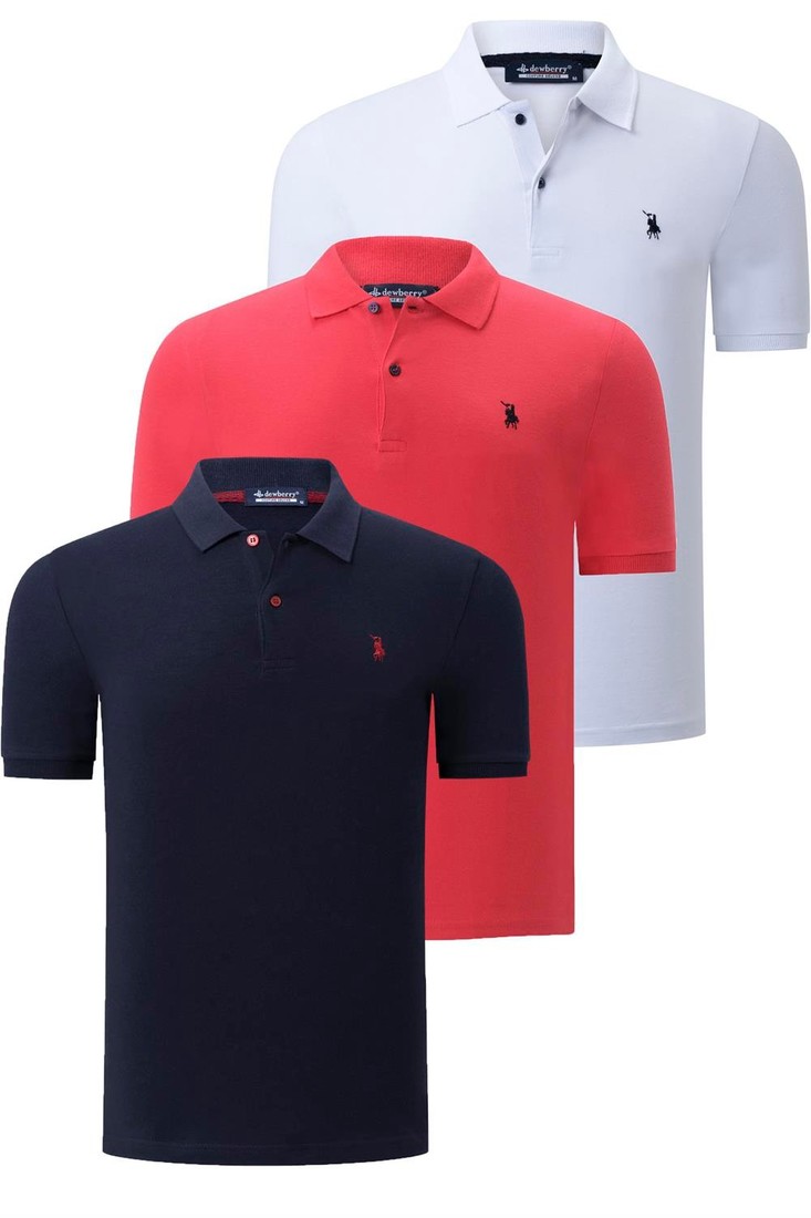 TRIPLE SET T8561 DEWBERRY MENS T-SHIRT-NAVY BLUE-WHITE-POMEGRANATE