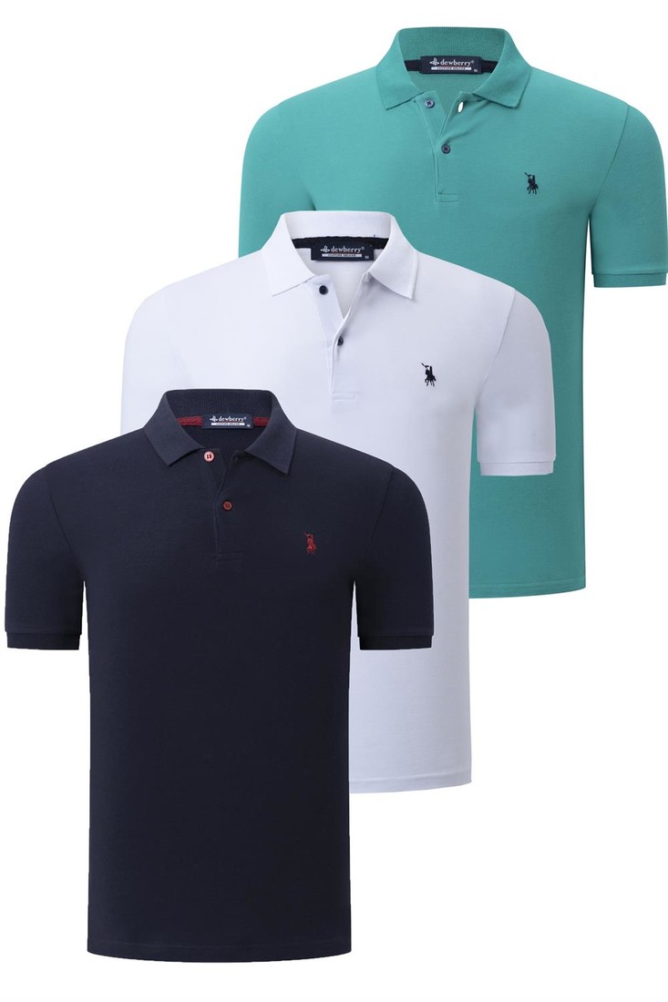 TRIPLE SET T8561 DEWBERRY MENS T-SHIRT-NAVY BLUE-WHITE-LIGHT GREEN