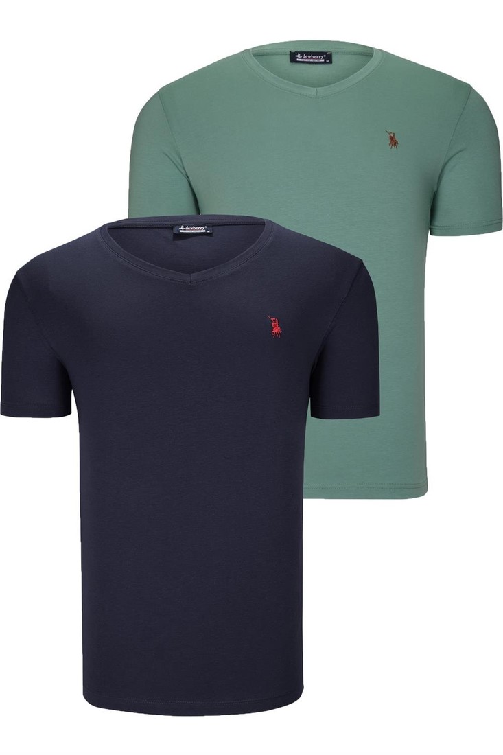 DUAL SET T8568 DEWBERRY V-NECK MENS T-SHIRT-NAVY BLUE-LIGHT GREEN