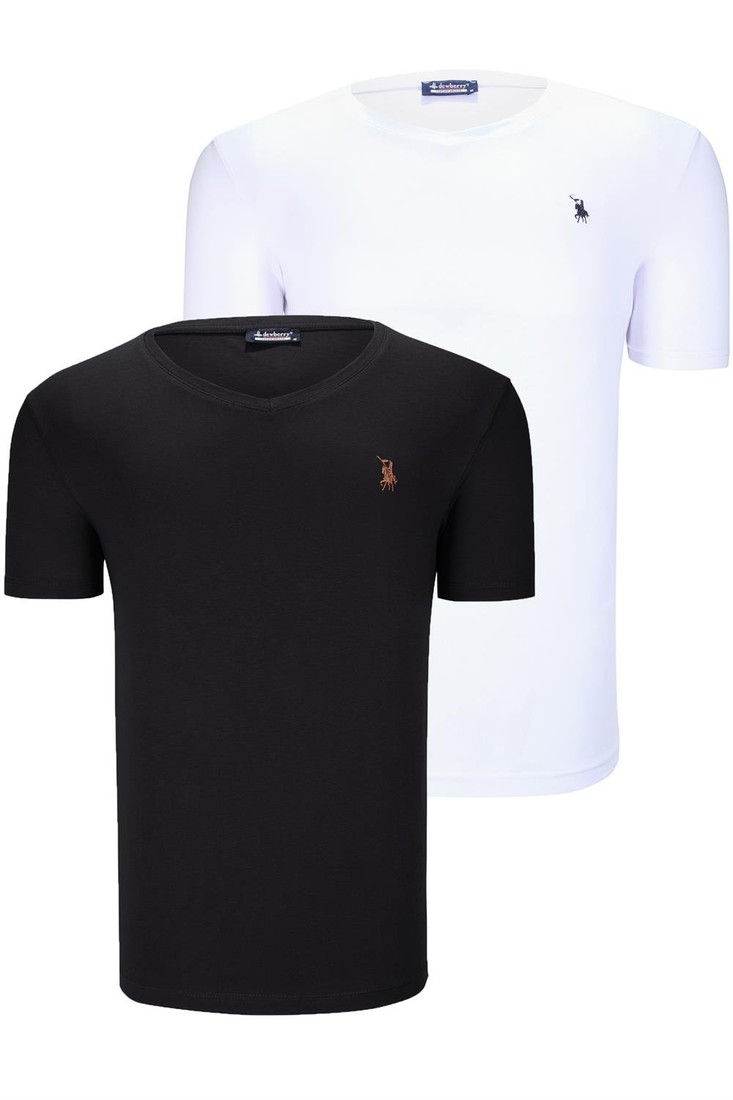 DUAL SET T8568 DEWBERRY V-NECK MENS T-SHIRT-BLACK-WHITE