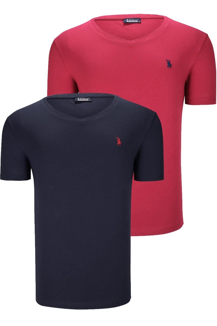 DUAL SET T8568 DEWBERRY V-NECK MENS T-SHIRT-NAVY BLUE- BURGUNDY