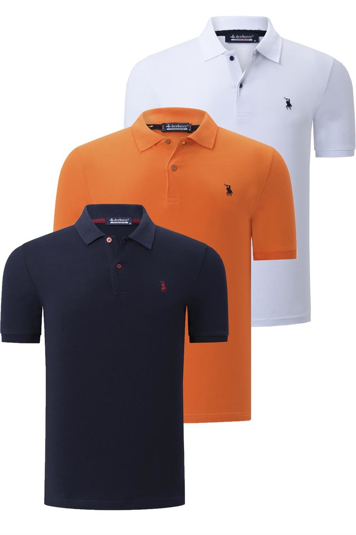 TRIPLE SET T8561 DEWBERRY MENS T-SHIRT-NAVY BLUE-WHITE-ORANGE