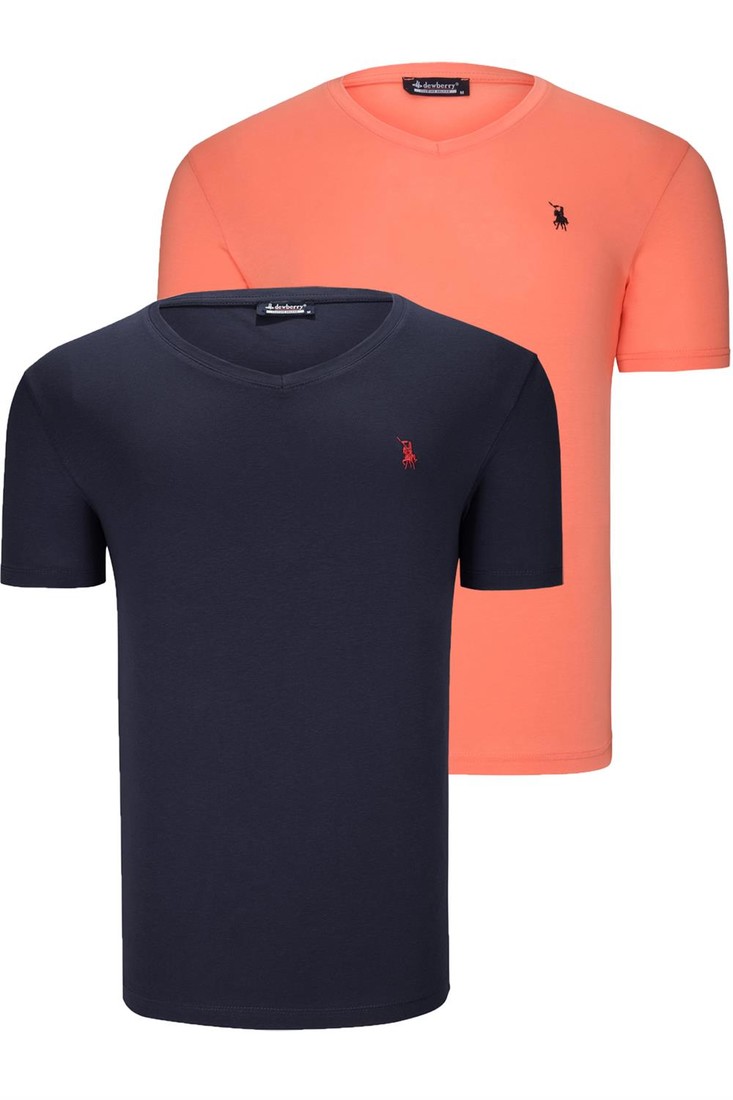 DUAL SET T8568 DEWBERRY V-NECK MENS T-SHIRT-NAVY BLUE-ORANGE