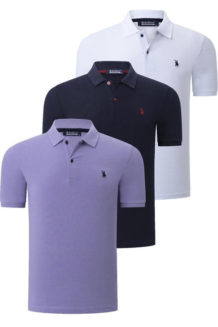 TRIPLE SET T8561 DEWBERRY MENS T-SHIRT-NAVY BLUE-WHITE-LILAC