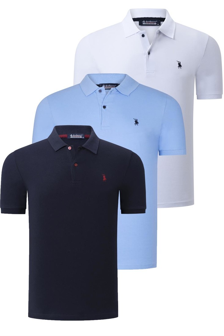 TRIPLE SET T8561 DEWBERRY MENS T-SHIRT-NAVY BLUE-WHITE-LIGHT BLUE