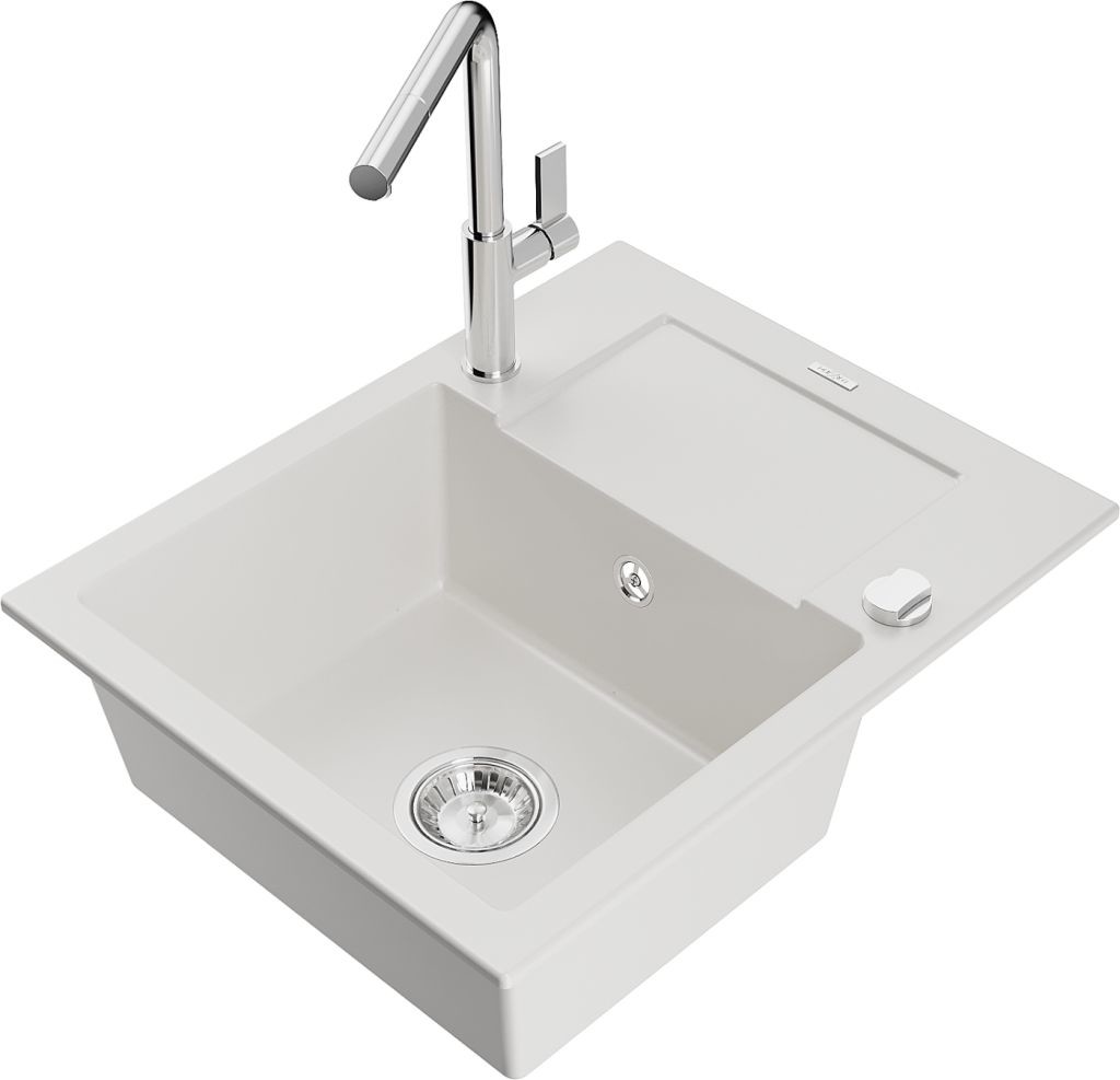 MEXEN/S MEXEN/S - Enzo granitový drez 1-miska s odkvapkávačom vrátane batérie Flora, biela 6506-20-670401-00