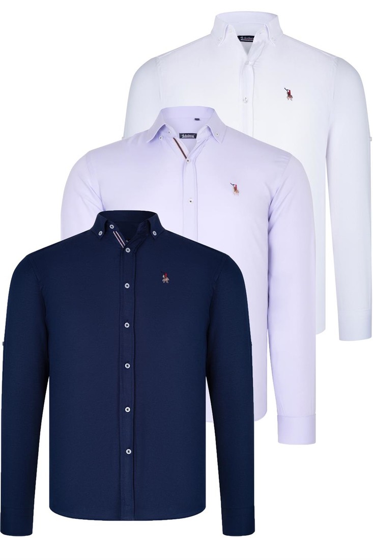 TRIPLE SET G674 DEWBERRY MENS SHIRT-NAVY BLUE-WHITE-LILAC