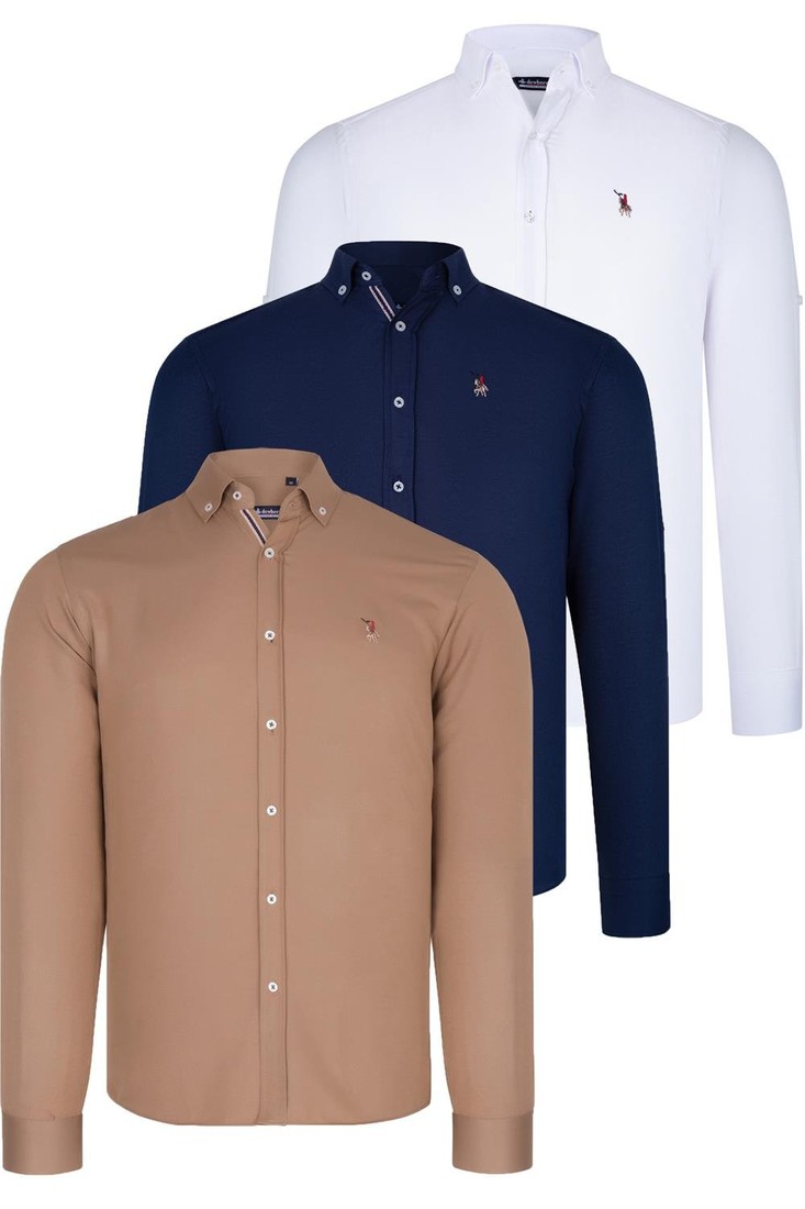 TRIPLE SET G674 DEWBERRY MENS SHIRT-NAVY BLUE-WHITE-CAMEL