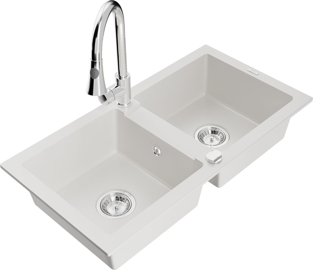 MEXEN/S MEXEN/S - Mario granitový drez 2-bowl vrátane batérie Elia, biela 6504-20-670101-00