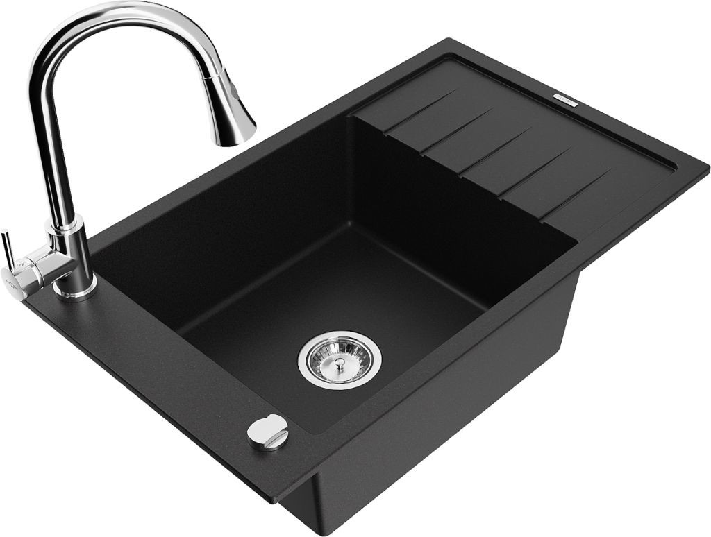 MEXEN/S MEXEN/S - Elias granitový drez 1 s odkvapkávačom vrátane batérie Elia, čierna 6511-77-670101-00