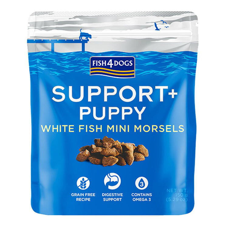 FISH4DOGS Maškrty pre šteniatka SUPPORT+ podpora trávenia biela ryba s prebiotikami 150 g