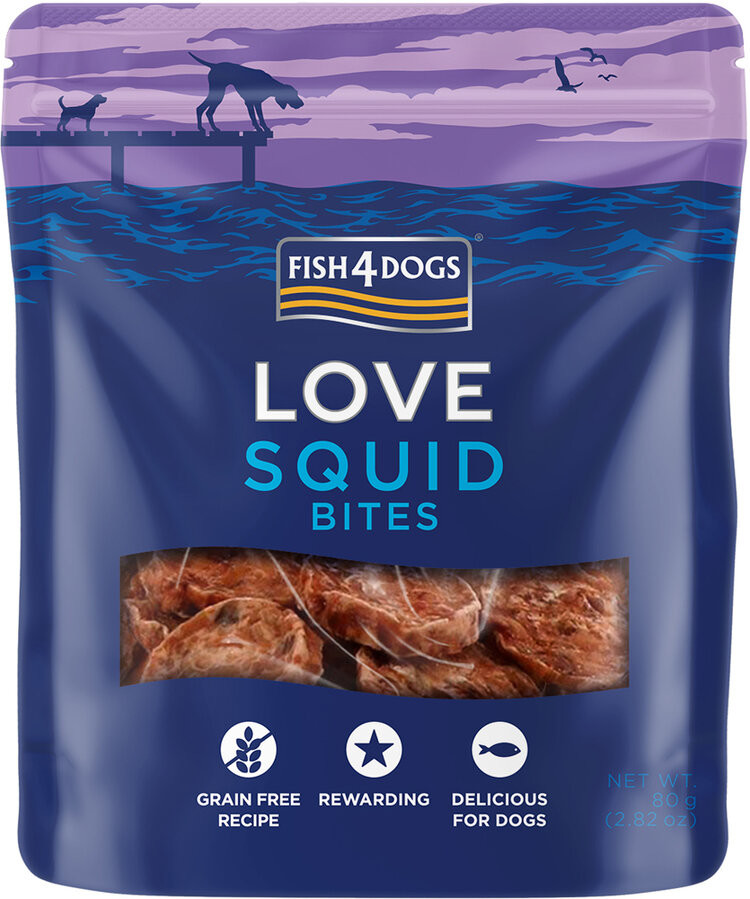 FISH4DOGS Maškrty pre psov LOVE kalmáre 80 g
