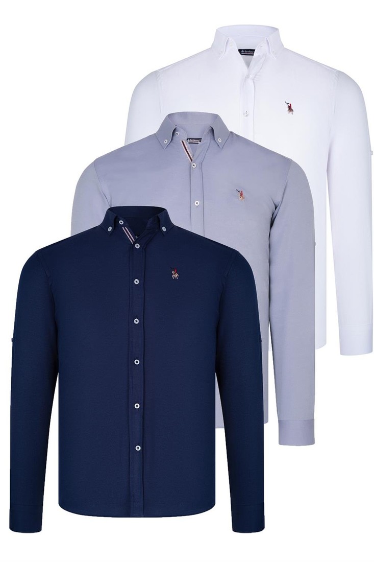 TRIPLE SET G674 DEWBERRY MENS SHIRT-NAVY BLUE-WHITE-GREY