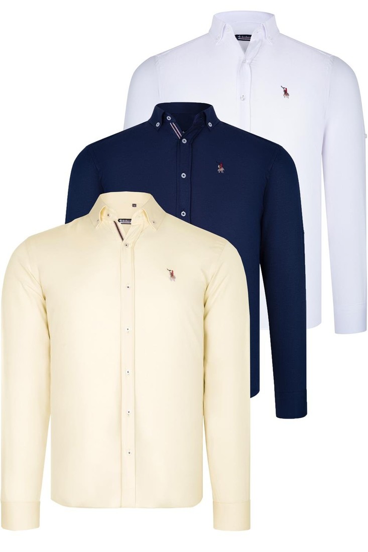 TRIPLE SET G674 DEWBERRY MENS SHIRT-NAVY BLUE-WHITE-YELLOW