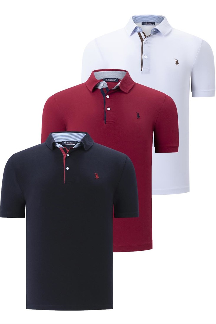TRIPLE SET T8582 DEWBERRY MENS T-SHIRT-NAVY BLUE-WHITE-BURGUNDY
