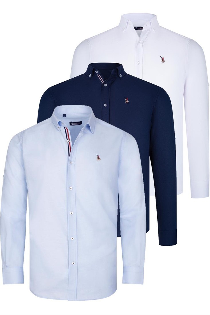 TRIPLE SET G674 DEWBERRY MENS SHIRT-NAVY BLUE-WHITE-LIGHT BLUE