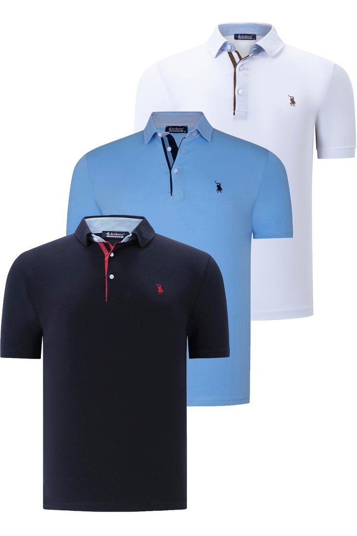 TRIPLE SET T8582 DEWBERRY MENS T-SHIRT-NAVY BLUE-WHITE-LIGHT BLUE