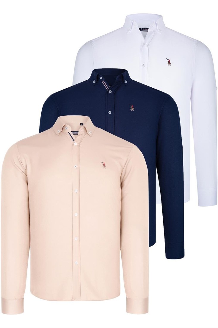 TRIPLE SET G674 DEWBERRY MENS SHIRT-NAVY BLUE-WHITE-BEIGE