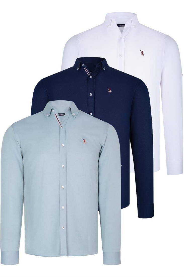 TRIPLE SET G674 DEWBERRY MENS SHIRT-NAVY BLUE-WHITE-WATER GREEN