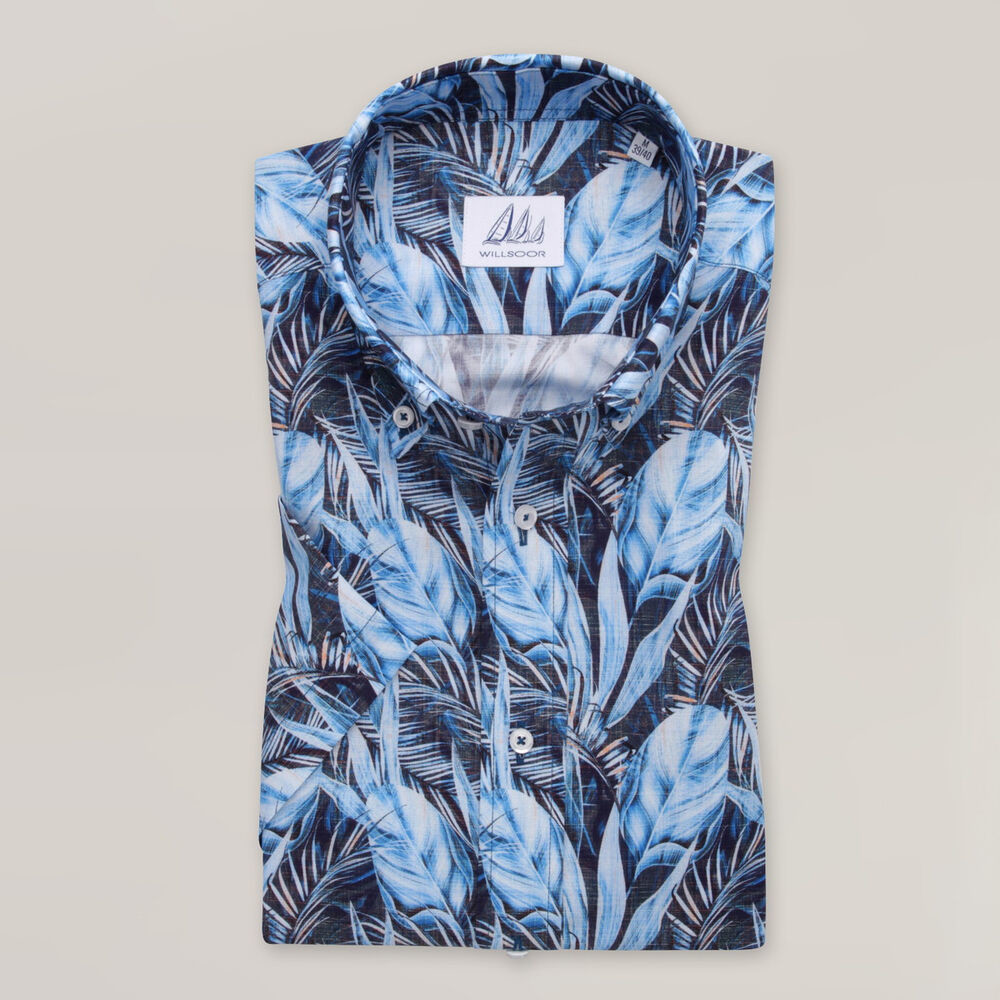 Moderná pánska slim fit košeľa modrej farby s potlačou lístia 15334