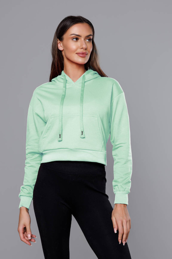 Krátka tepláková mikina v pistáciovej farbe s kapucňou (8B939-39) zielony S (36)