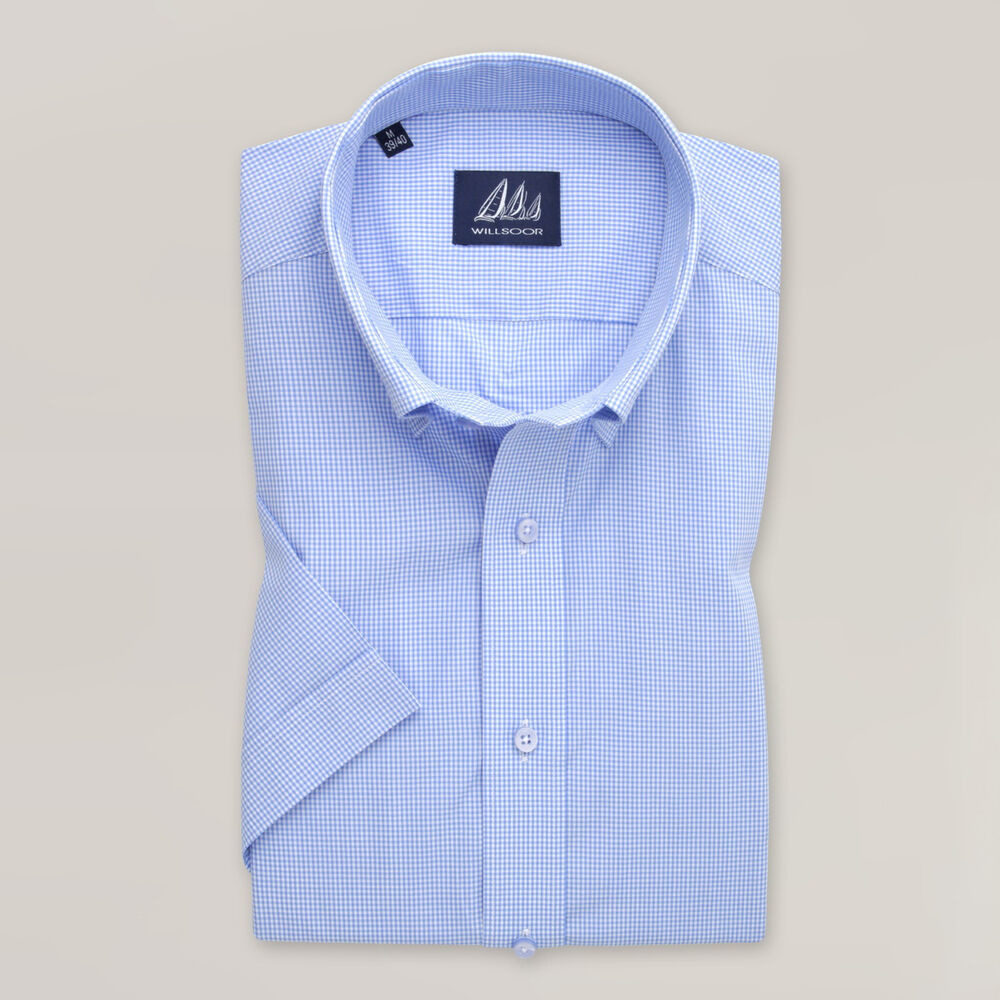 Pánska slim fit košeľa svetlomodrej farby s jemným károvaným vzorom 15346